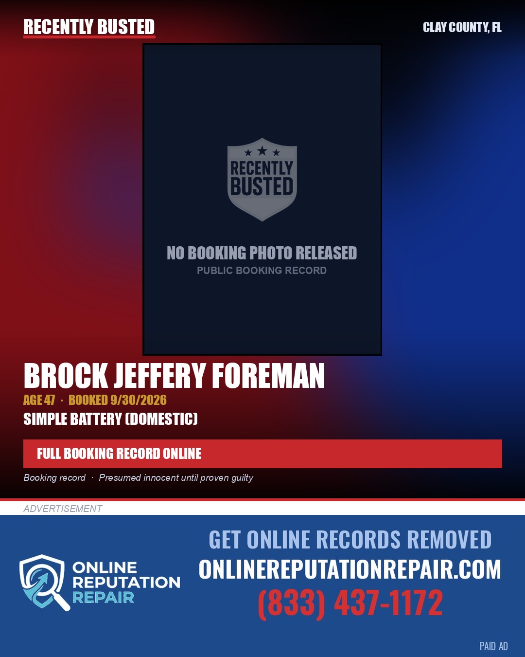 BROCK JEFFERY FOREMAN — arrest record card, Clay County, Florida