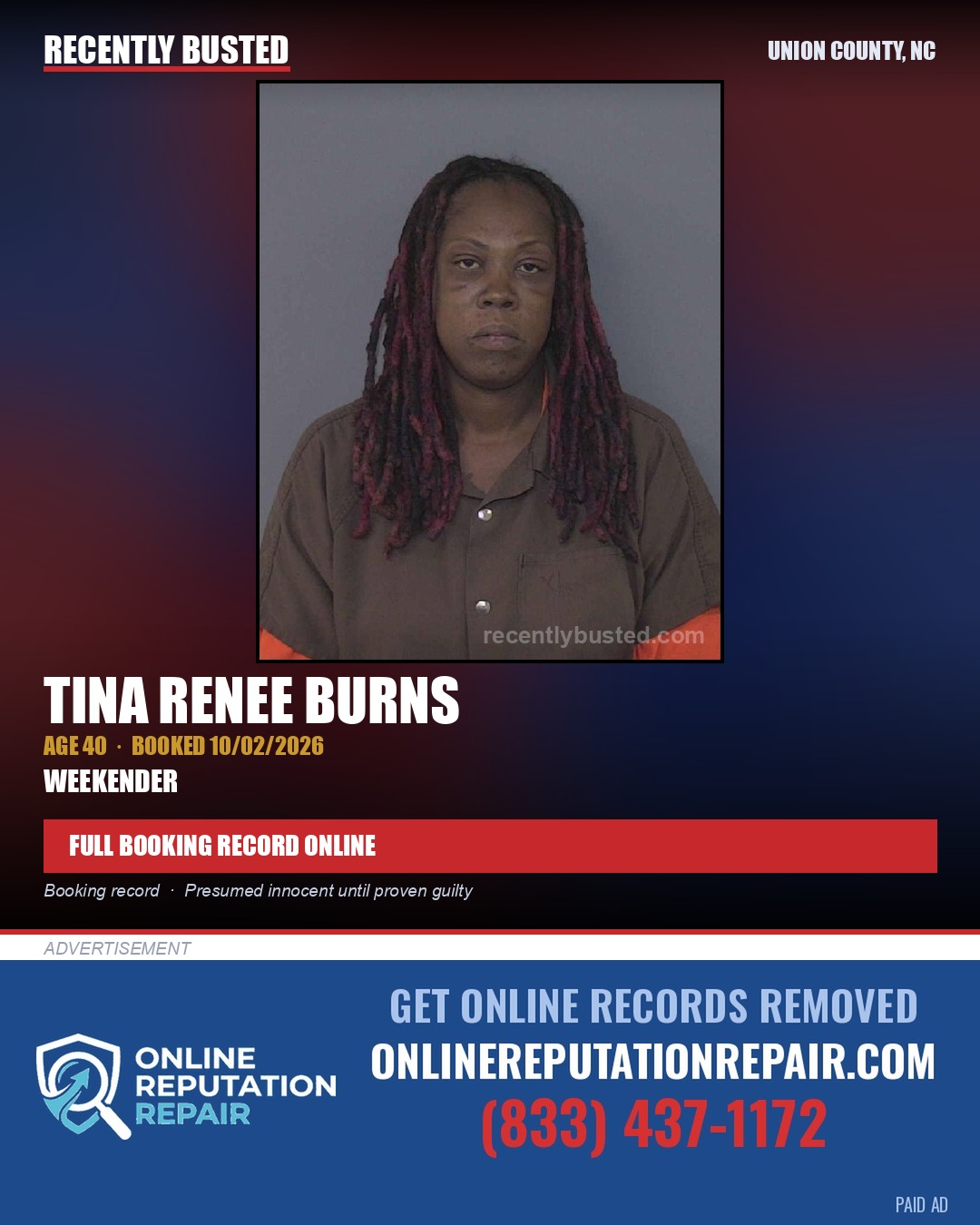 BURNS, TINA RENEE — arrest record card, Union County, North Carolina