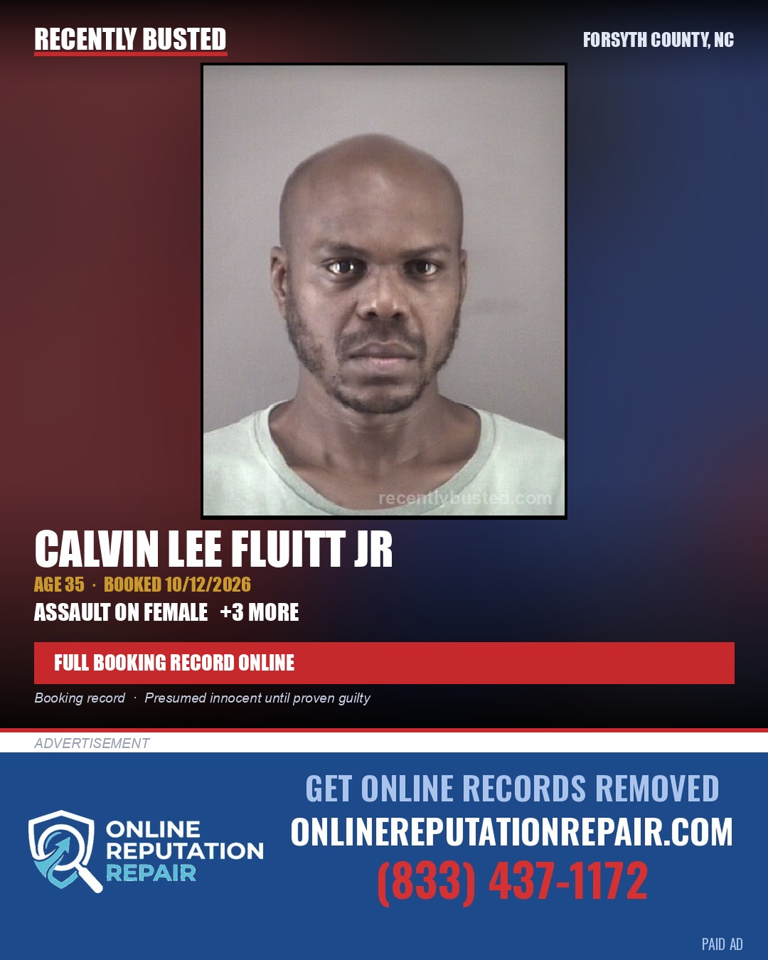 CALVIN LEE FLUITT JR — arrest record card, Forsyth County, North Carolina
