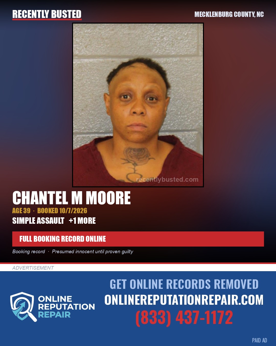 CHANTEL M MOORE — arrest record card, Mecklenburg County, North Carolina