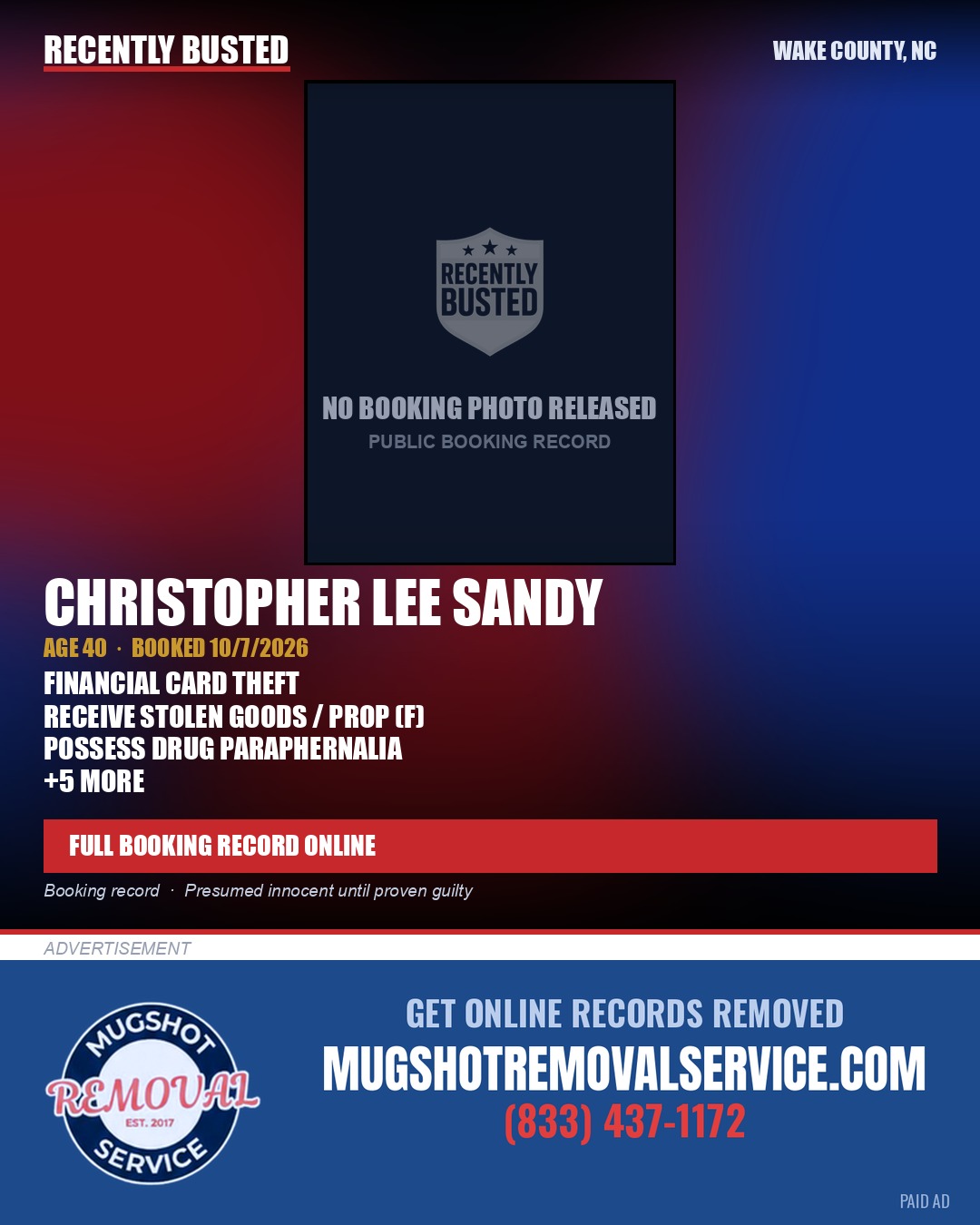 CHRISTOPHER LEE SANDY — arrest record card, Wake County, North Carolina