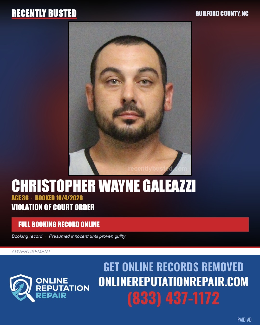 CHRISTOPHER WAYNE GALEAZZI — arrest record card, Guilford County, North Carolina