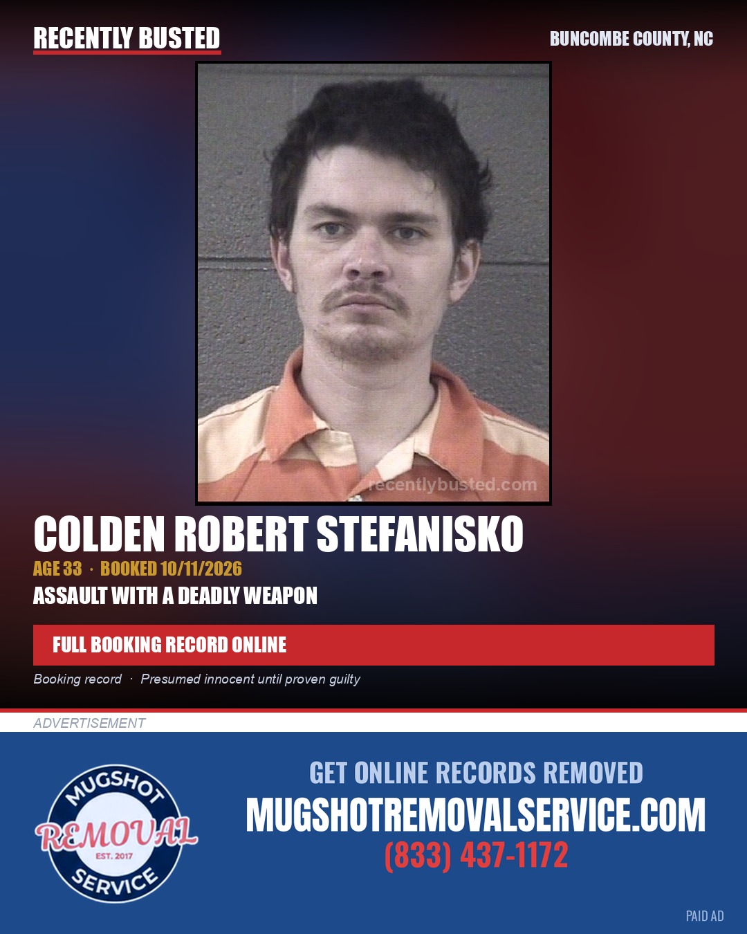 COLDEN ROBERT STEFANISKO — arrest record card, Buncombe County, North Carolina