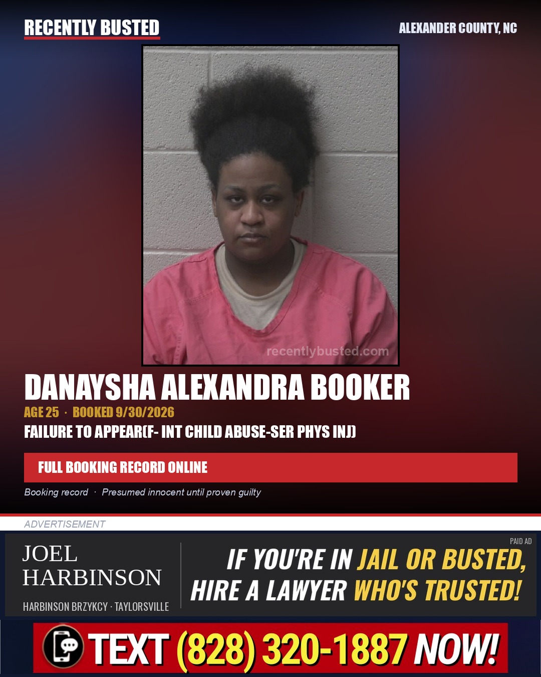 DANAYSHA ALEXANDRA BOOKER — arrest record card, Alexander County, North Carolina