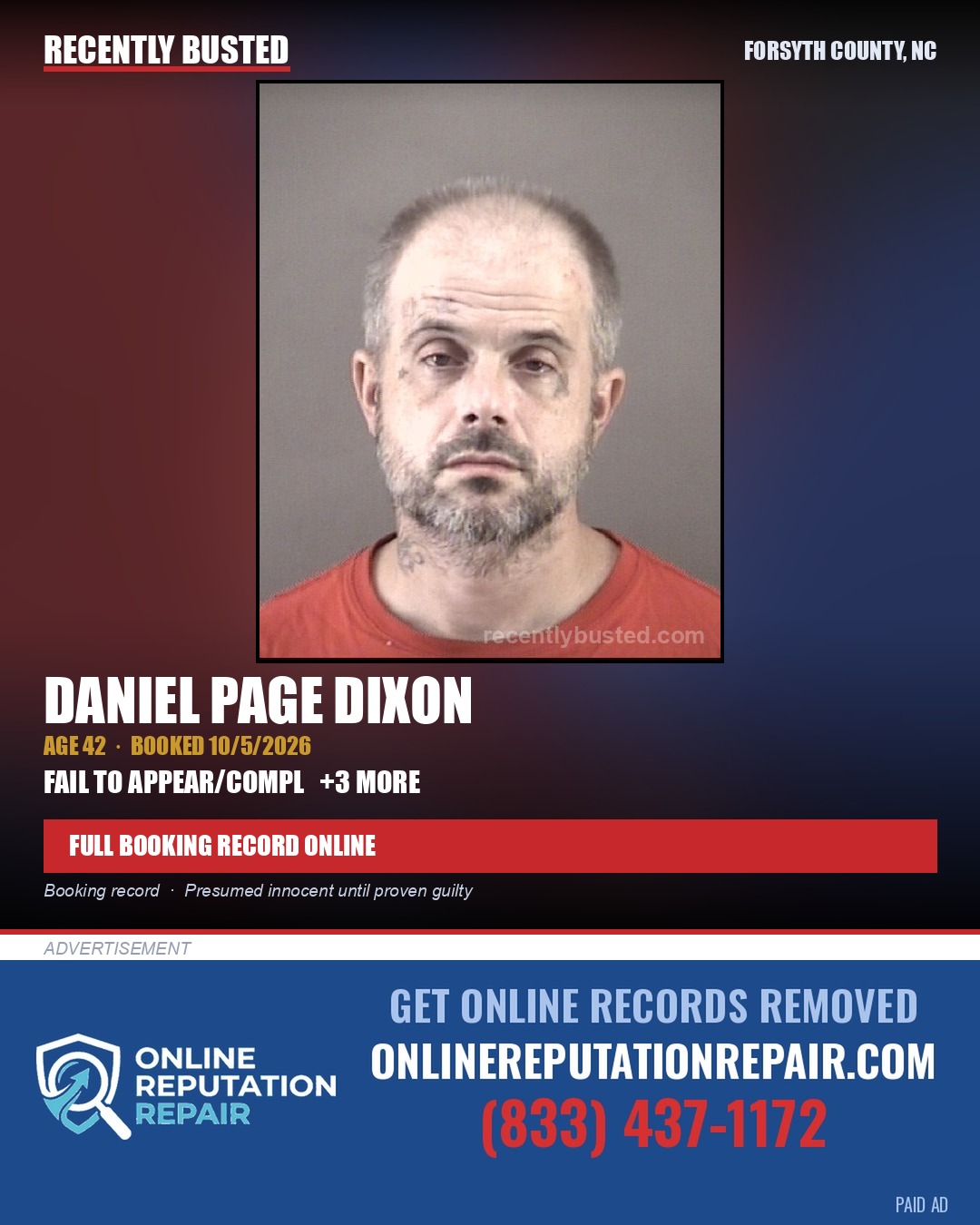 DANIEL PAGE DIXON — arrest record card, Forsyth County, North Carolina