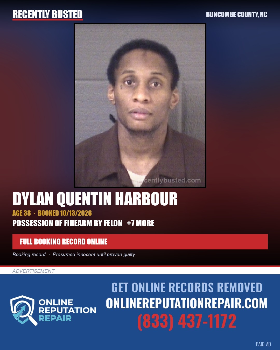 DYLAN QUENTIN HARBOUR — arrest record card, Buncombe County, North Carolina