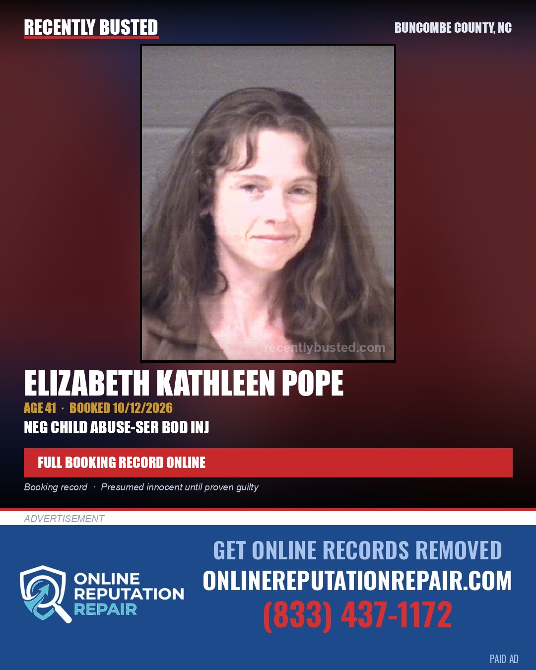 ELIZABETH KATHLEEN POPE — arrest record card, Buncombe County, North Carolina