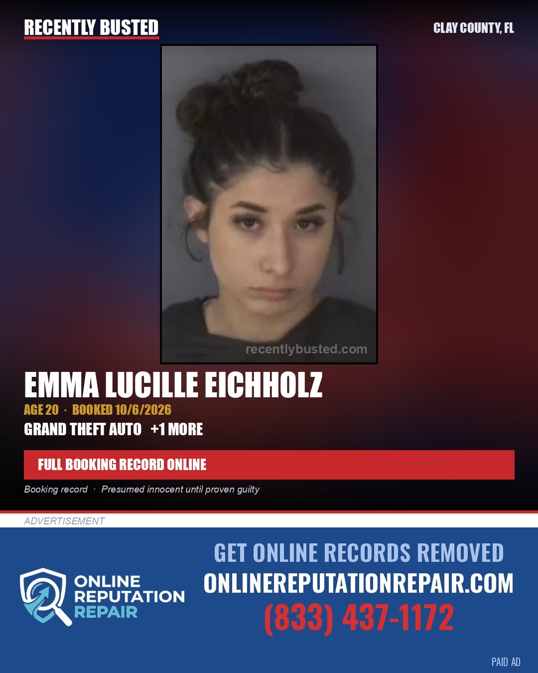 EMMA LUCILLE EICHHOLZ — arrest record card, Clay County, Florida