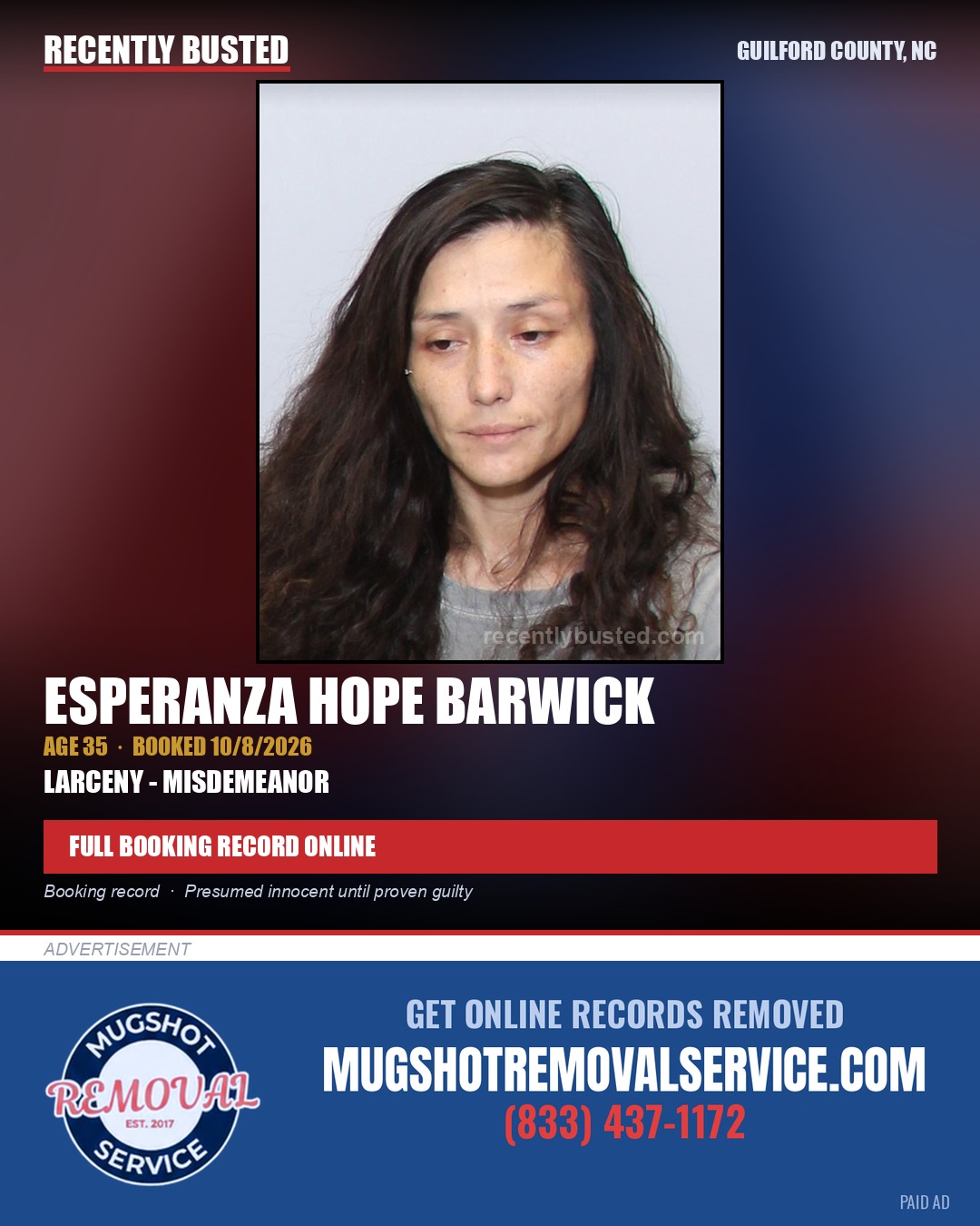 ESPERANZA HOPE BARWICK — arrest record card, Guilford County, North Carolina