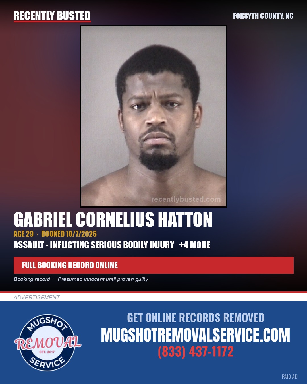 GABRIEL CORNELIUS HATTON — arrest record card, Forsyth County, North Carolina