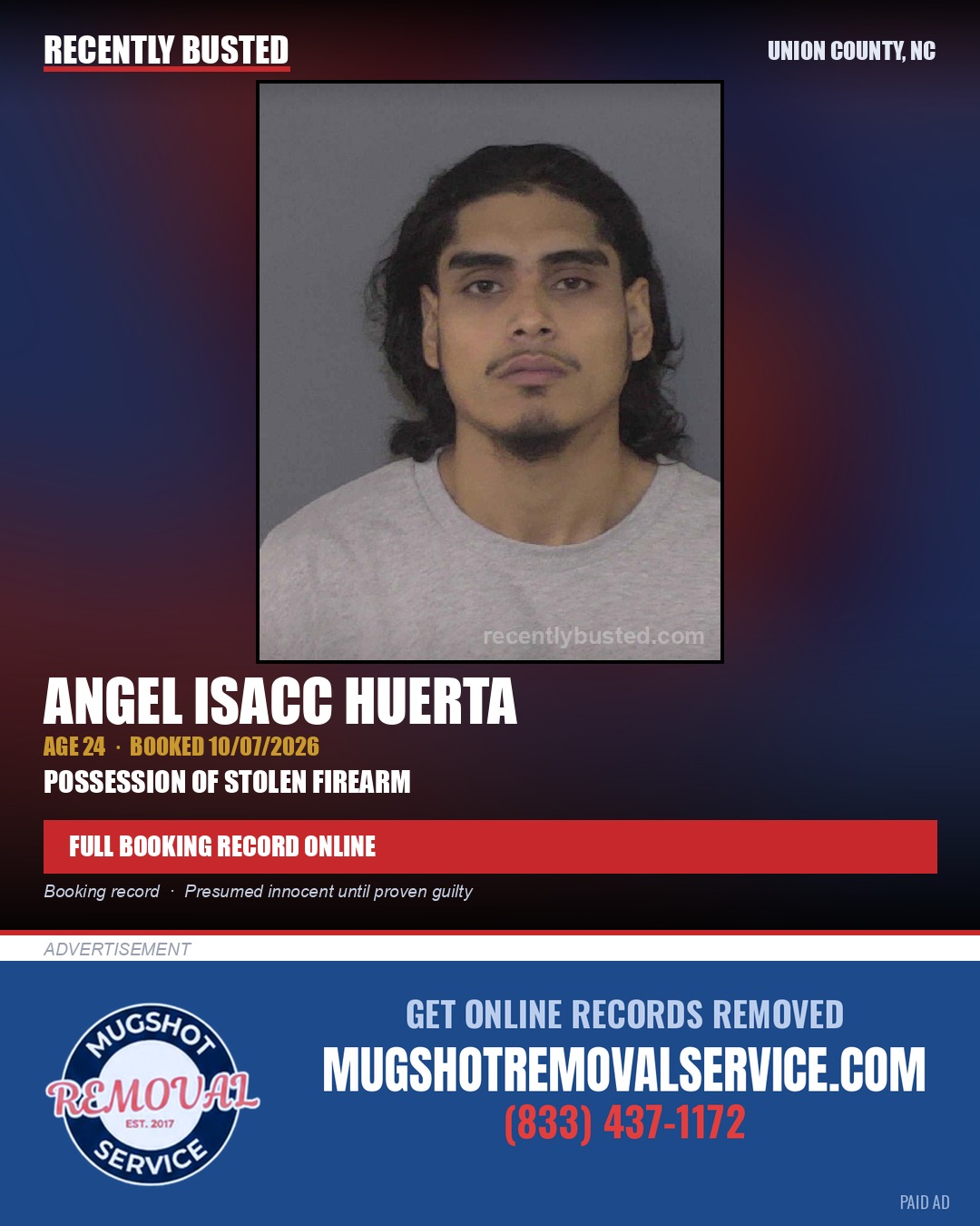 HUERTA, ANGEL ISACC — arrest record card, Union County, North Carolina