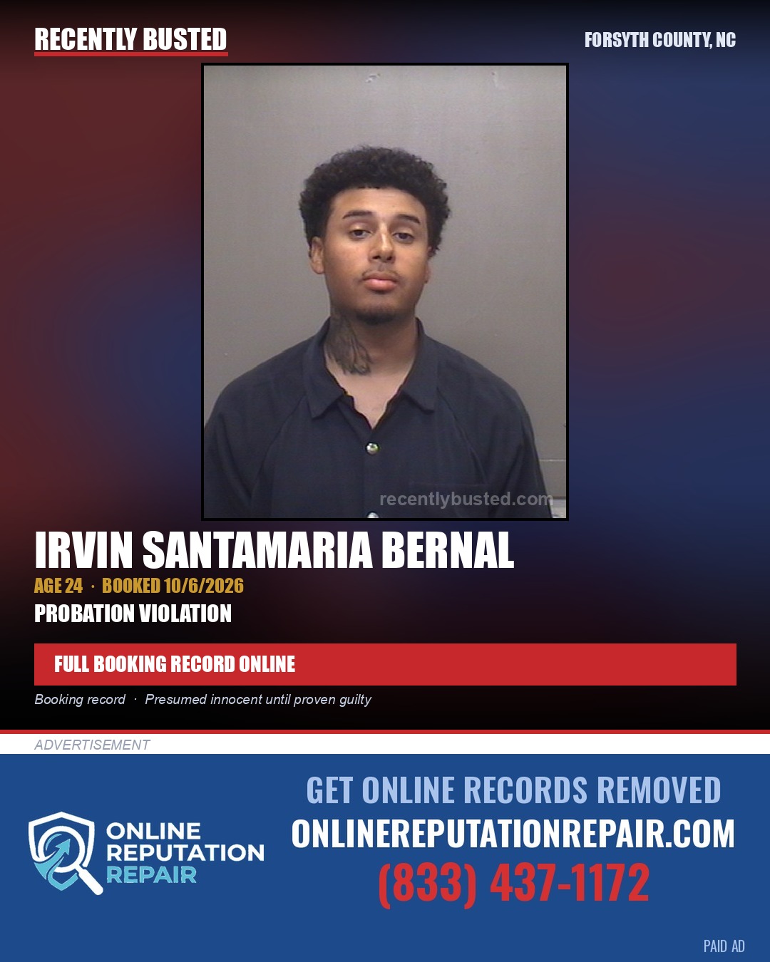 IRVIN SANTAMARIA BERNAL — arrest record card, Forsyth County, North Carolina