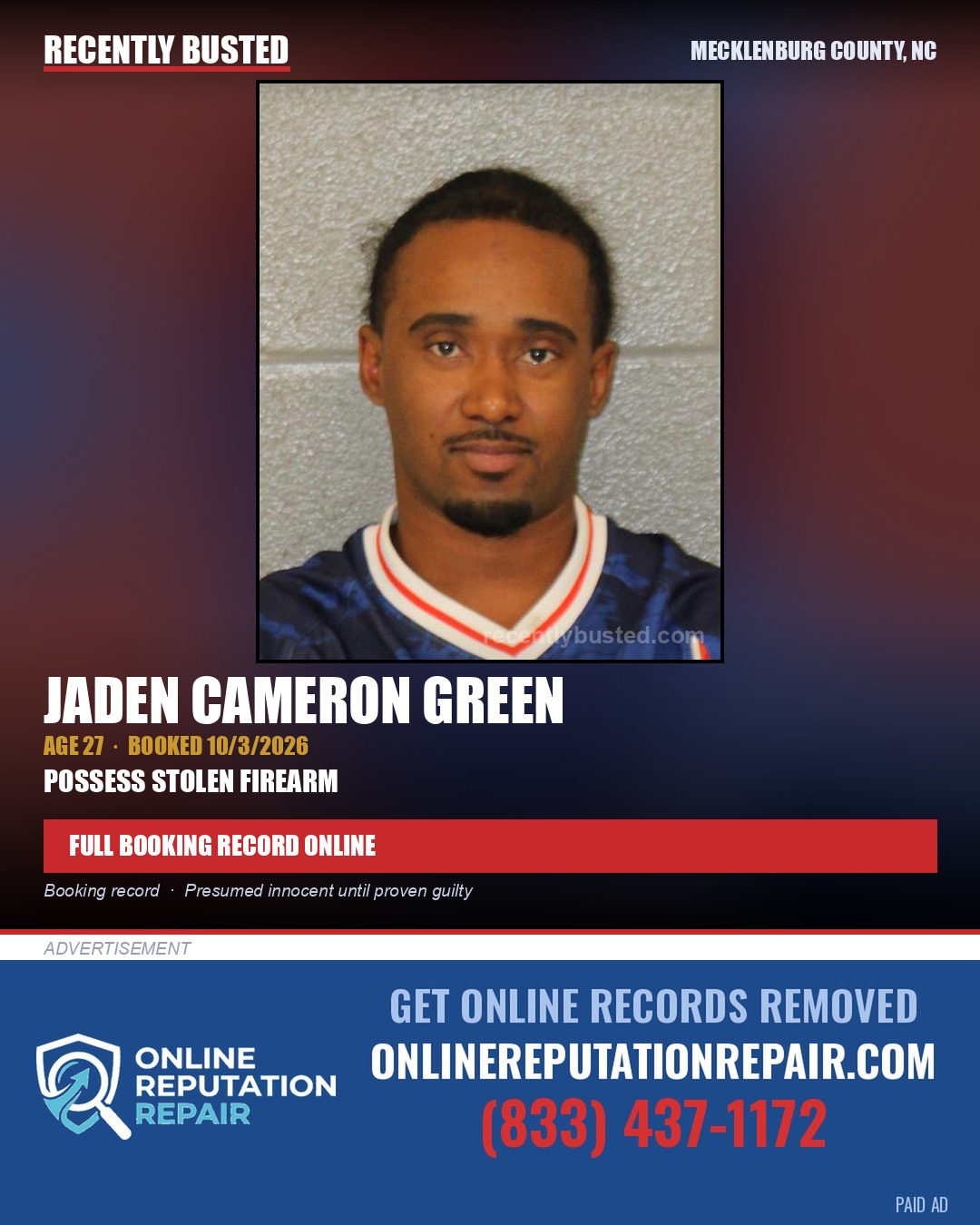 JADEN CAMERON GREEN — arrest record card, Mecklenburg County, North Carolina
