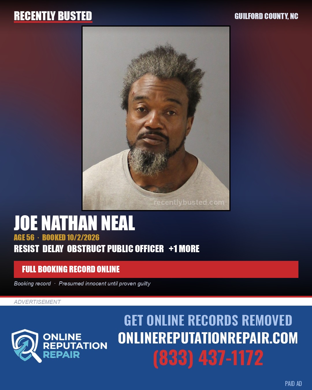 JOE NATHAN NEAL — arrest record card, Guilford County, North Carolina