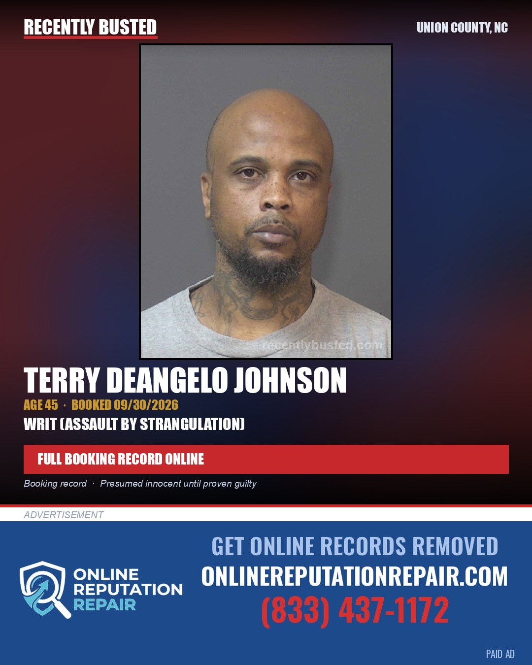 JOHNSON, TERRY DEANGELO — arrest record card, Union County, North Carolina