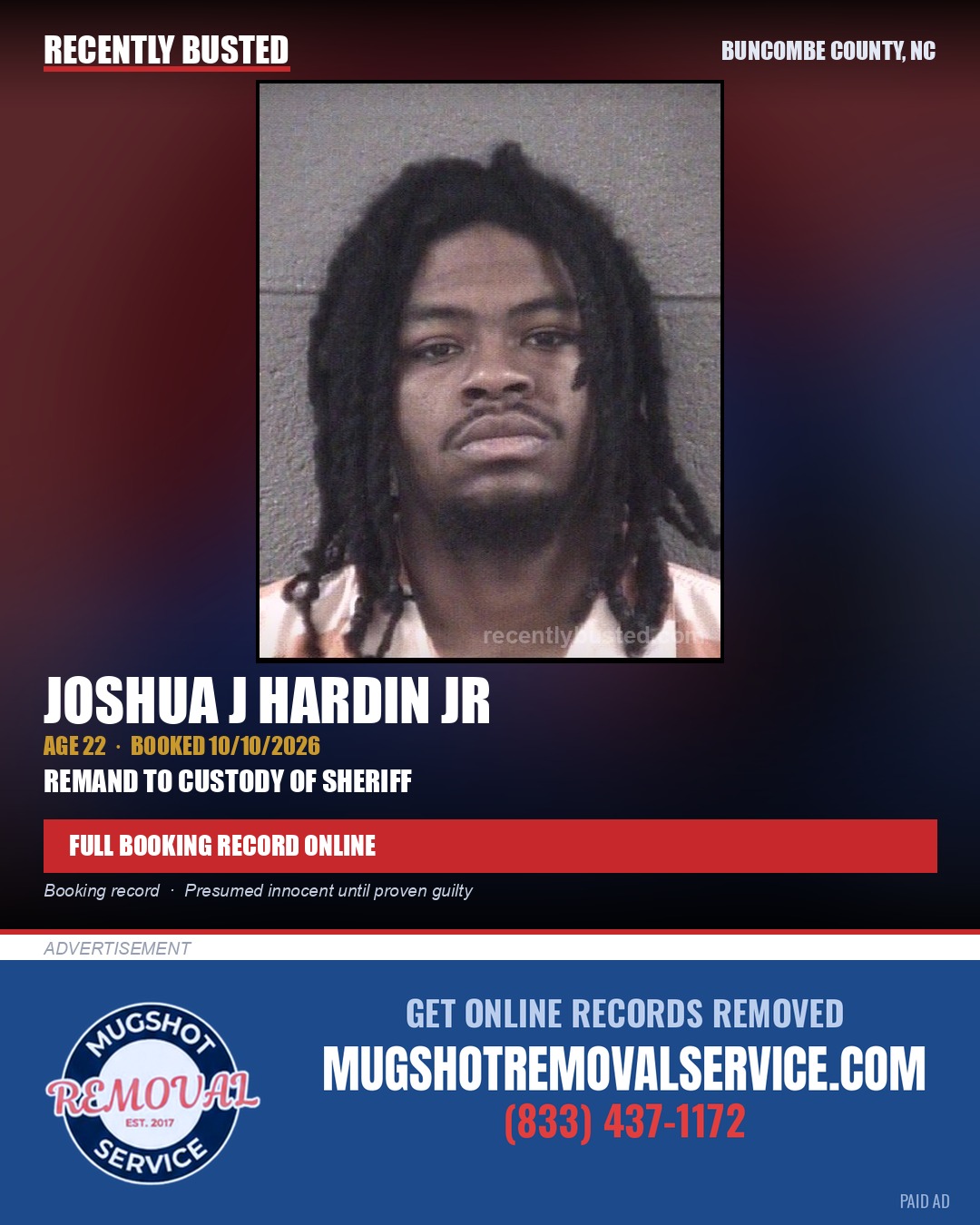 JOSHUA J HARDIN JR — arrest record card, Buncombe County, North Carolina