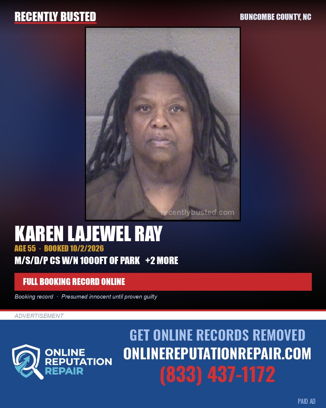 KAREN LAJEWEL RAY — arrest record card, Buncombe County, North Carolina