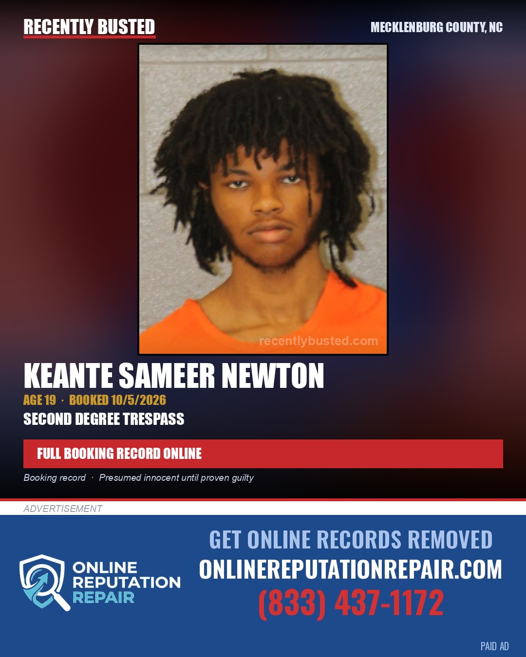 KEANTE SAMEER NEWTON — arrest record card, Mecklenburg County, North Carolina