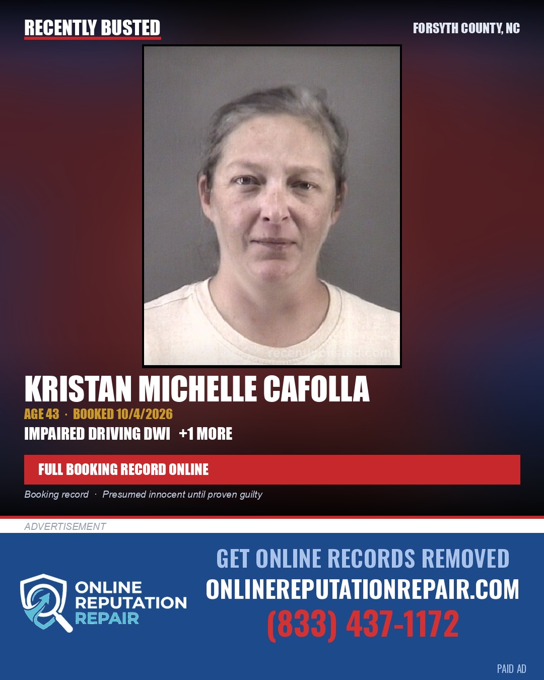 KRISTAN MICHELLE CAFOLLA — arrest record card, Forsyth County, North Carolina