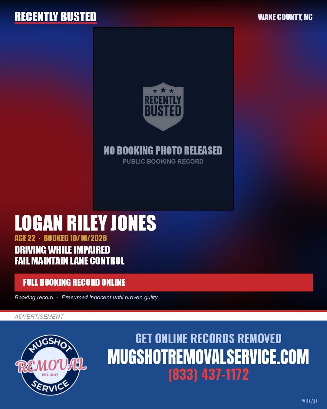LOGAN RILEY JONES — arrest record card, Wake County, North Carolina
