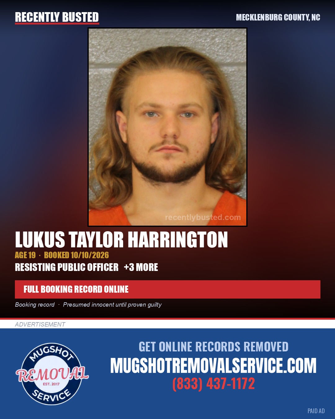 LUKUS TAYLOR HARRINGTON — arrest record card, Mecklenburg County, North Carolina