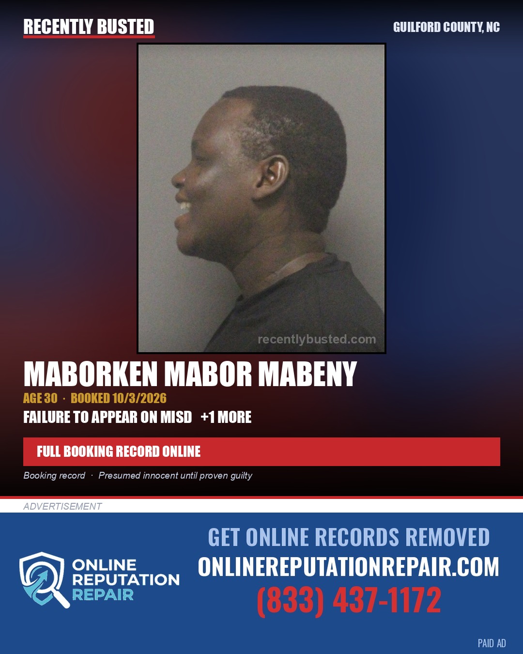 MABORKEN MABOR MABENY — arrest record card, Guilford County, North Carolina