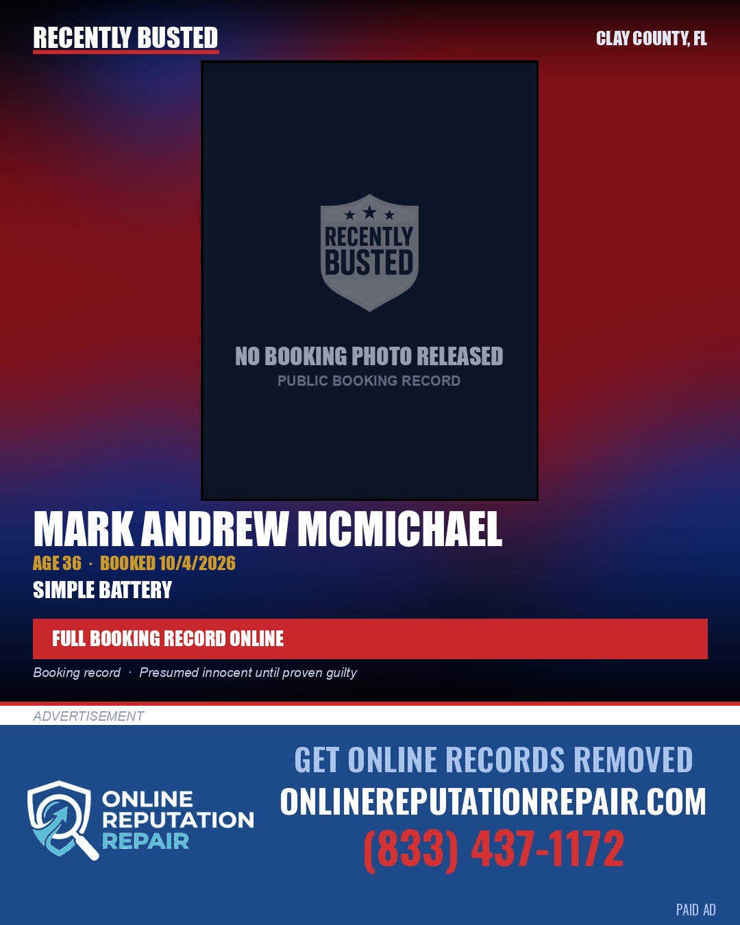 MARK ANDREW MCMICHAEL — arrest record card, Clay County, Florida