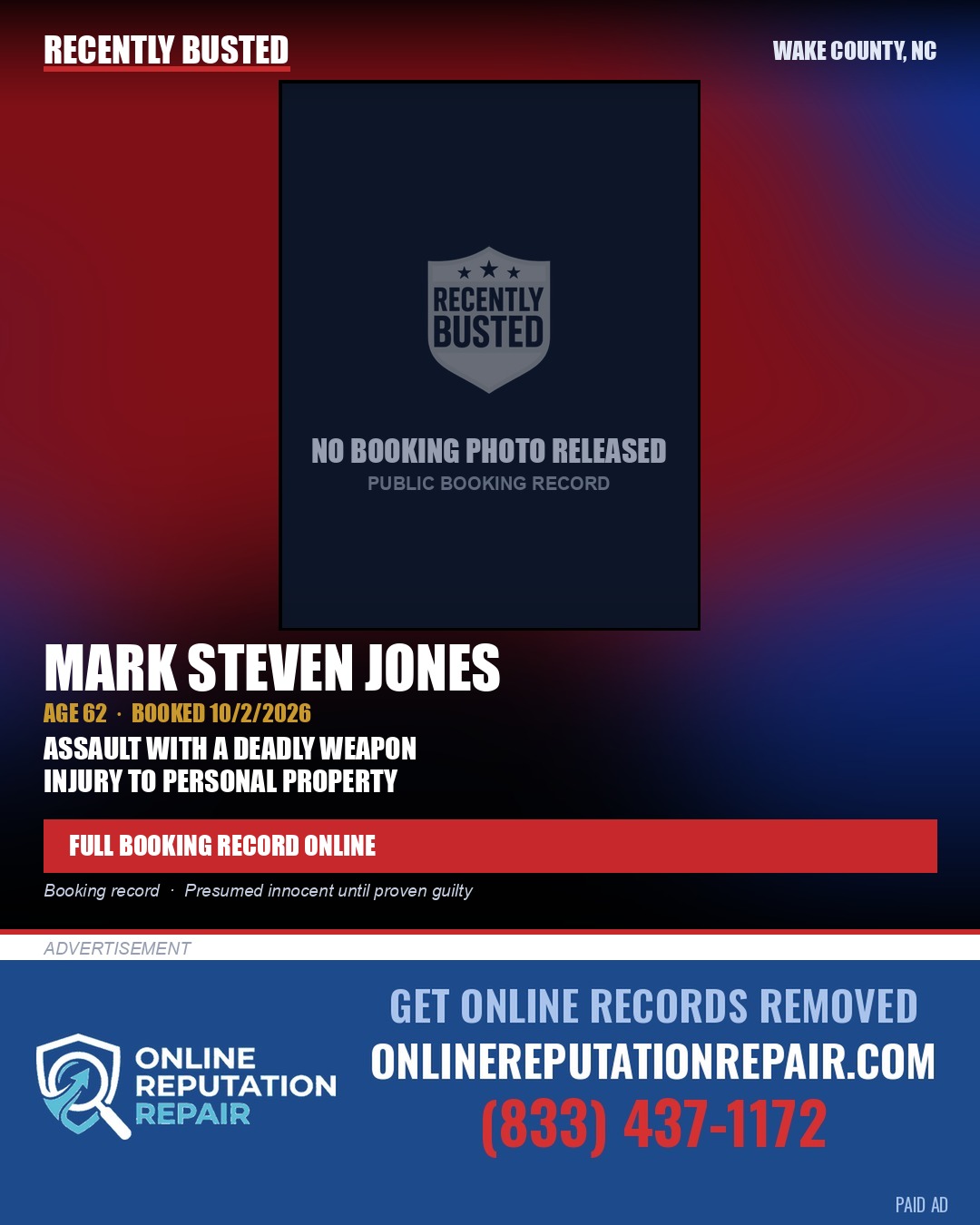 MARK STEVEN JONES — arrest record card, Wake County, North Carolina