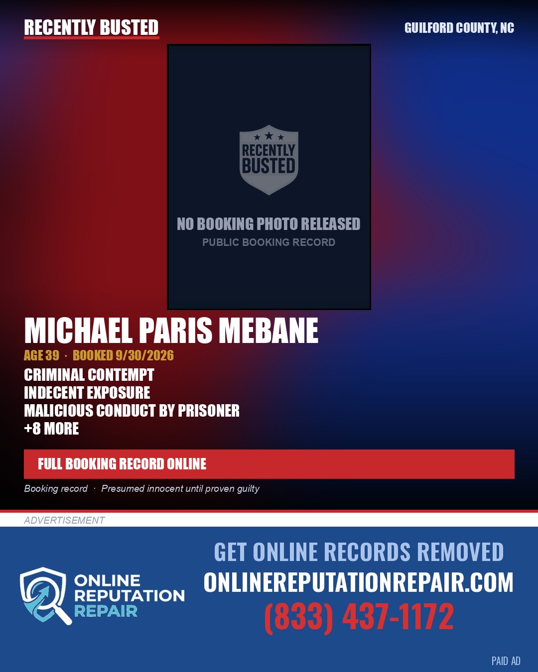 MICHAEL PARIS MEBANE — arrest record card, Guilford County, North Carolina
