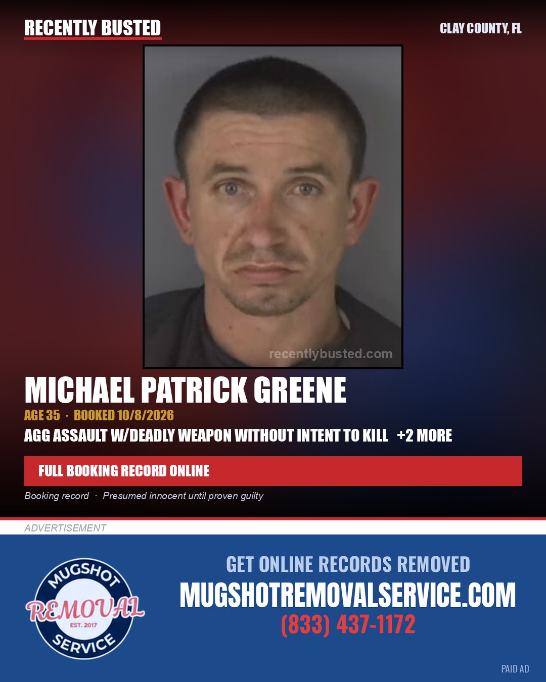 MICHAEL PATRICK GREENE — arrest record card, Clay County, Florida