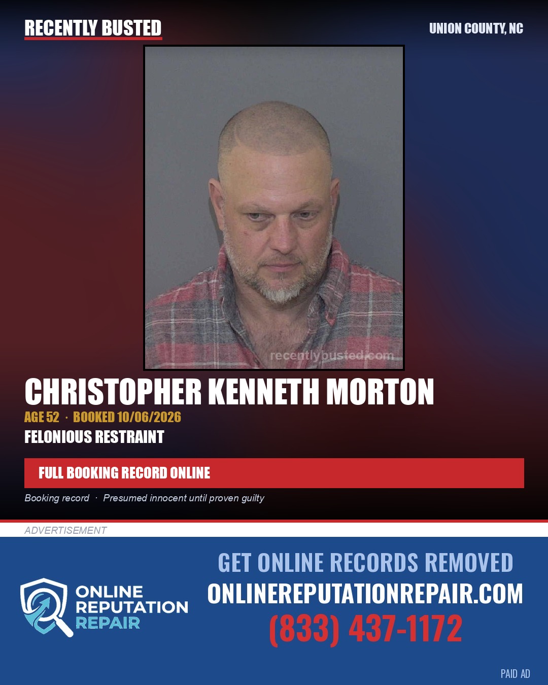 MORTON, CHRISTOPHER KENNETH — arrest record card, Union County, North Carolina