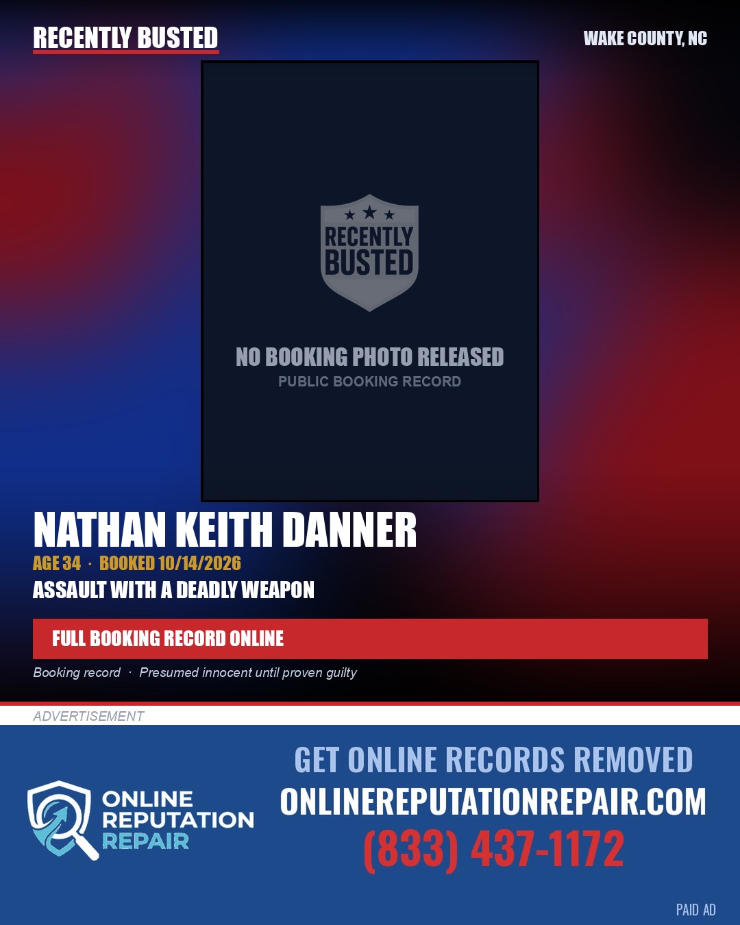 NATHAN KEITH DANNER — arrest record card, Wake County, North Carolina