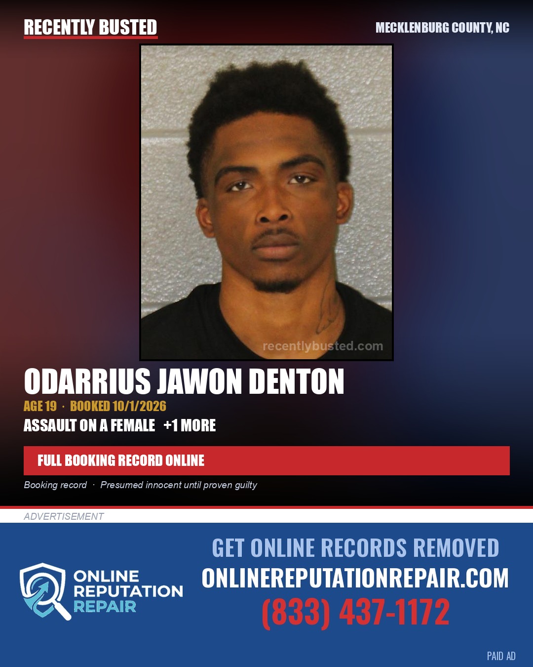 ODARRIUS JAWON DENTON — arrest record card, Mecklenburg County, North Carolina