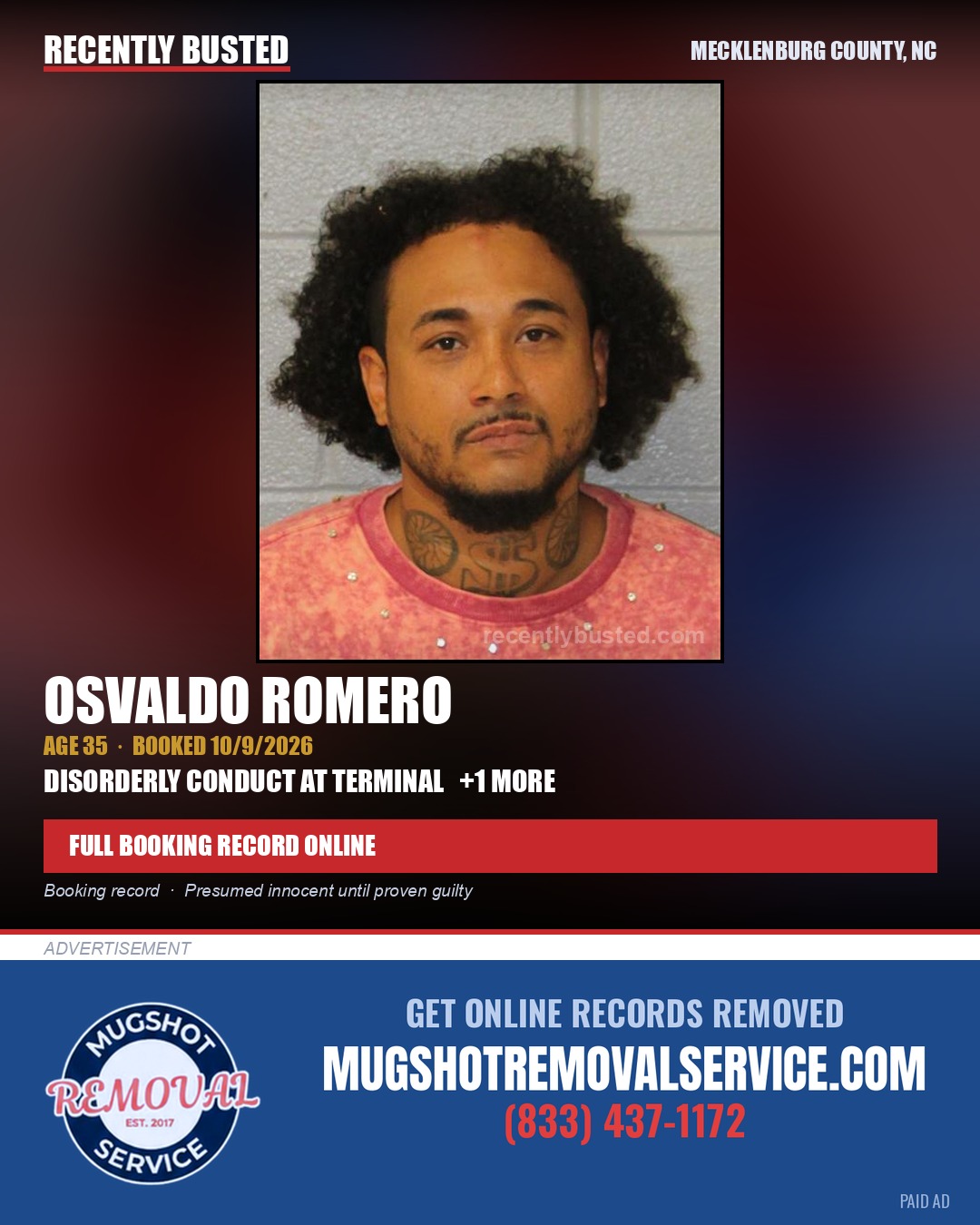 OSVALDO ROMERO — arrest record card, Mecklenburg County, North Carolina