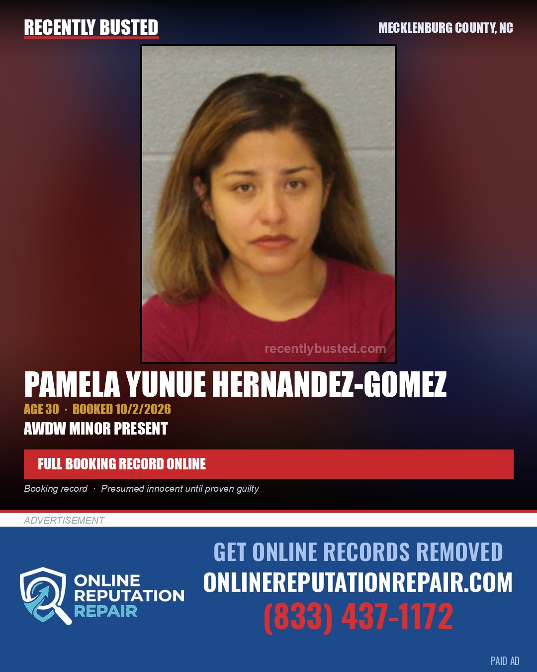PAMELA YUNUE HERNANDEZ-GOMEZ — arrest record card, Mecklenburg County, North Carolina