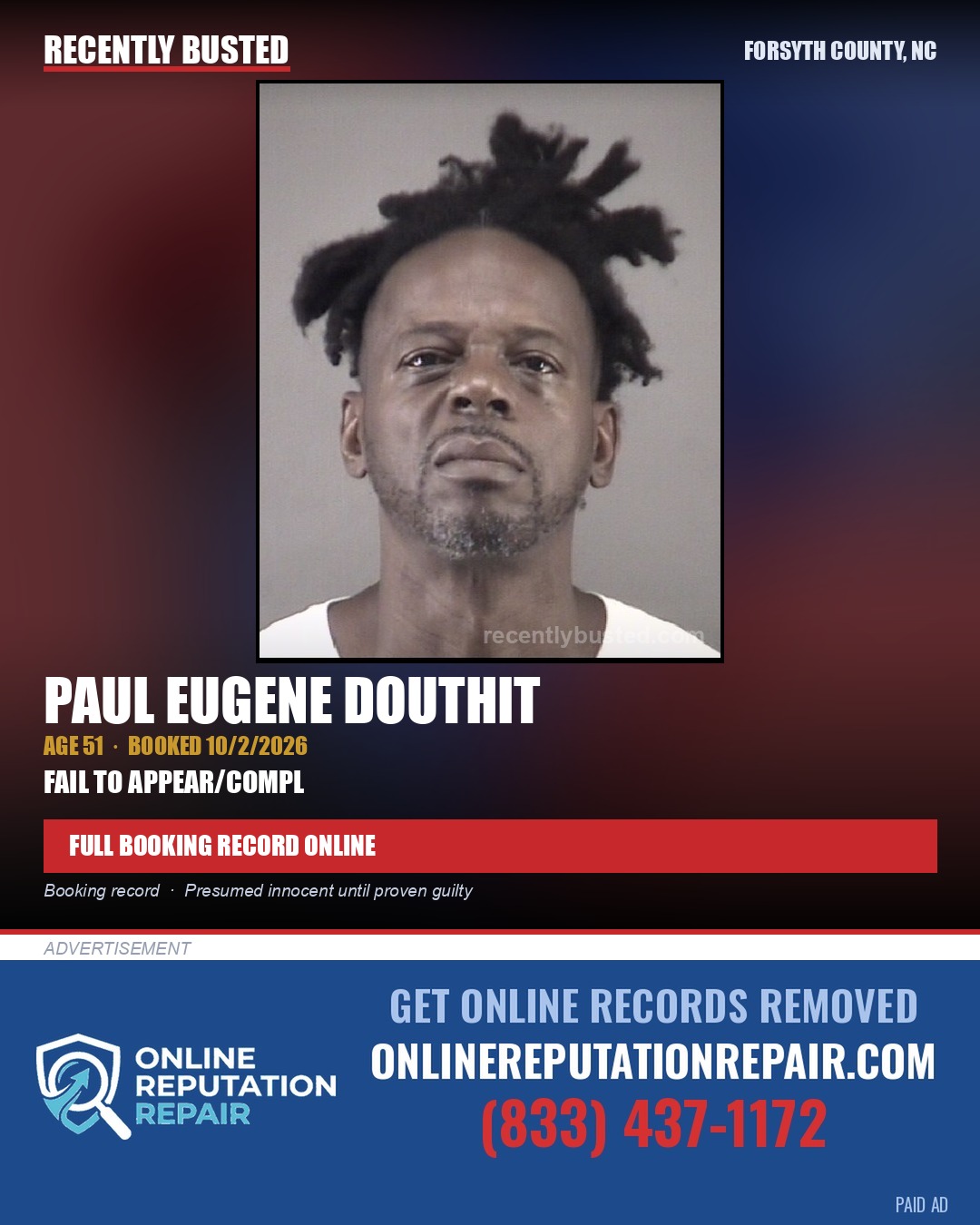 PAUL EUGENE DOUTHIT — arrest record card, Forsyth County, North Carolina