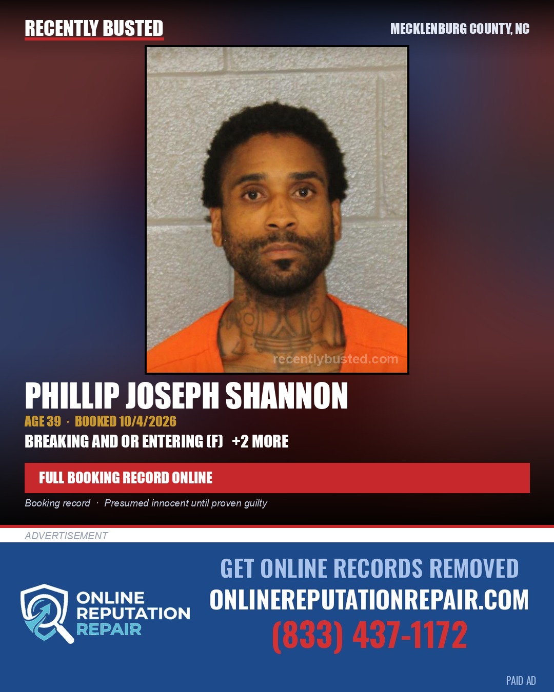 PHILLIP JOSEPH SHANNON — arrest record card, Mecklenburg County, North Carolina