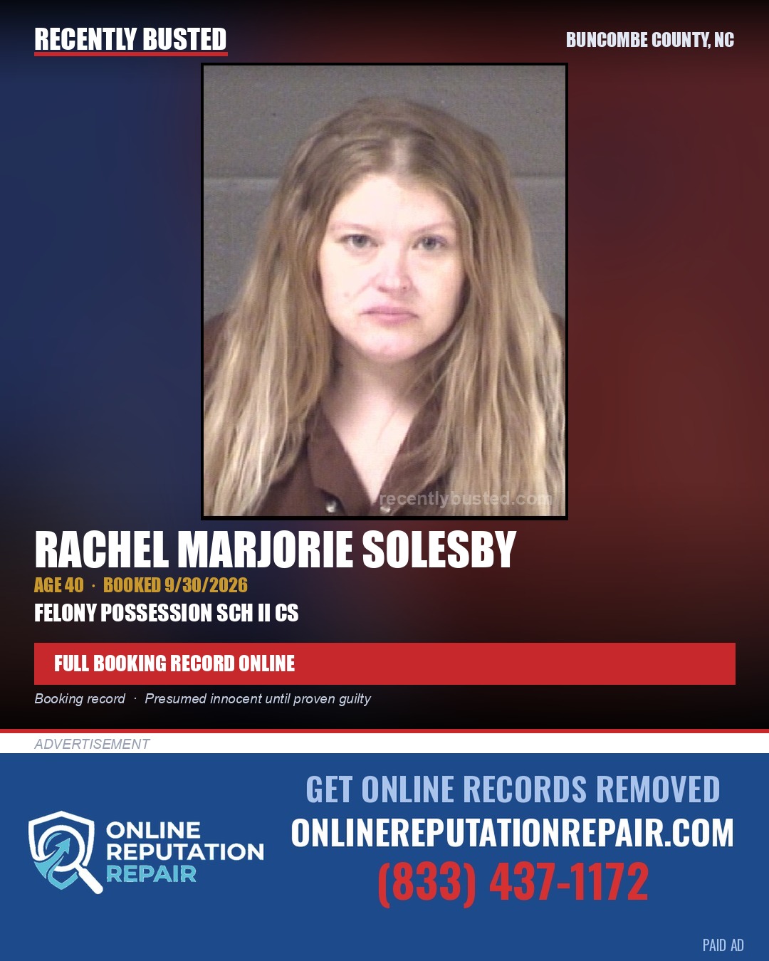 RACHEL MARJORIE SOLESBY — arrest record card, Buncombe County, North Carolina