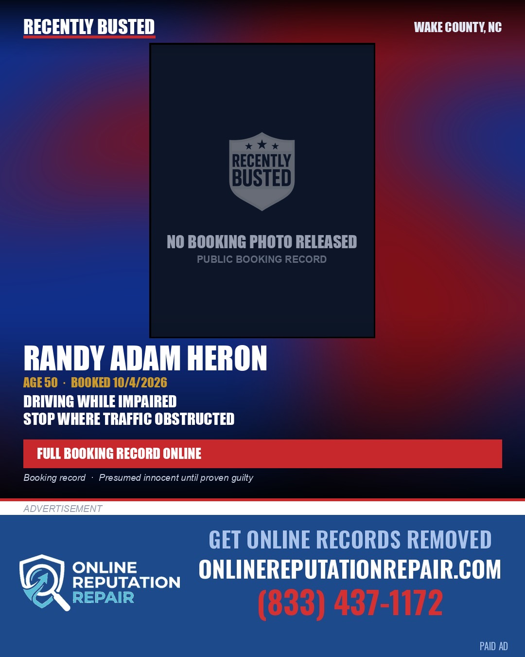 RANDY ADAM HERON — arrest record card, Wake County, North Carolina