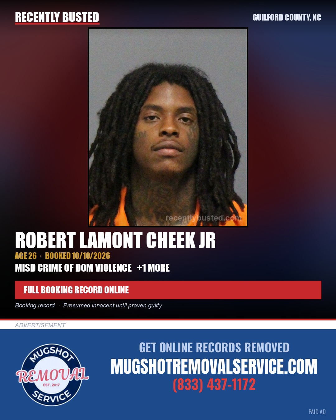 ROBERT LAMONT CHEEK JR — arrest record card, Guilford County, North Carolina