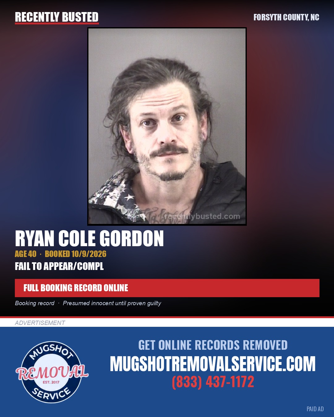 RYAN COLE GORDON — arrest record card, Forsyth County, North Carolina