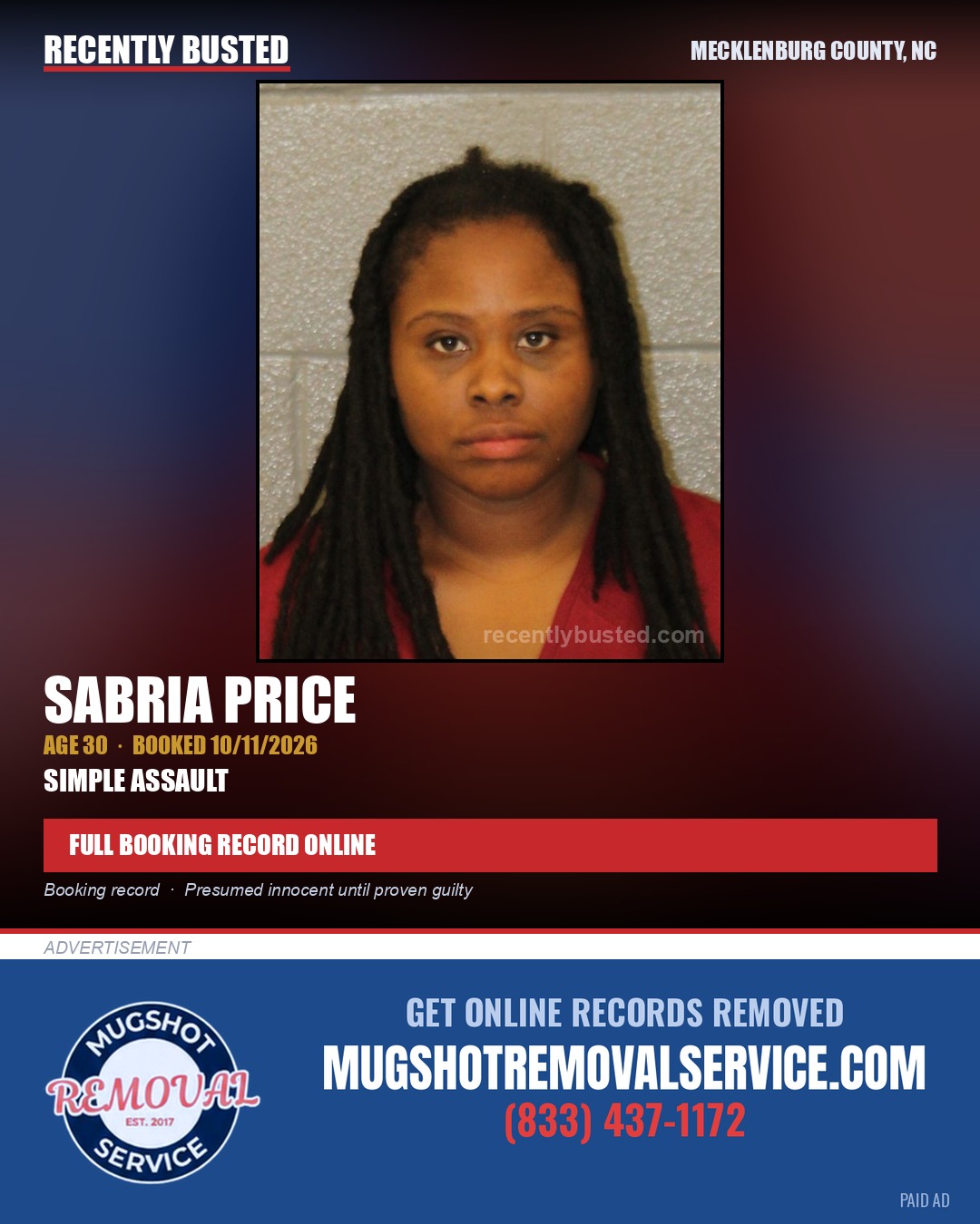 SABRIA PRICE — arrest record card, Mecklenburg County, North Carolina