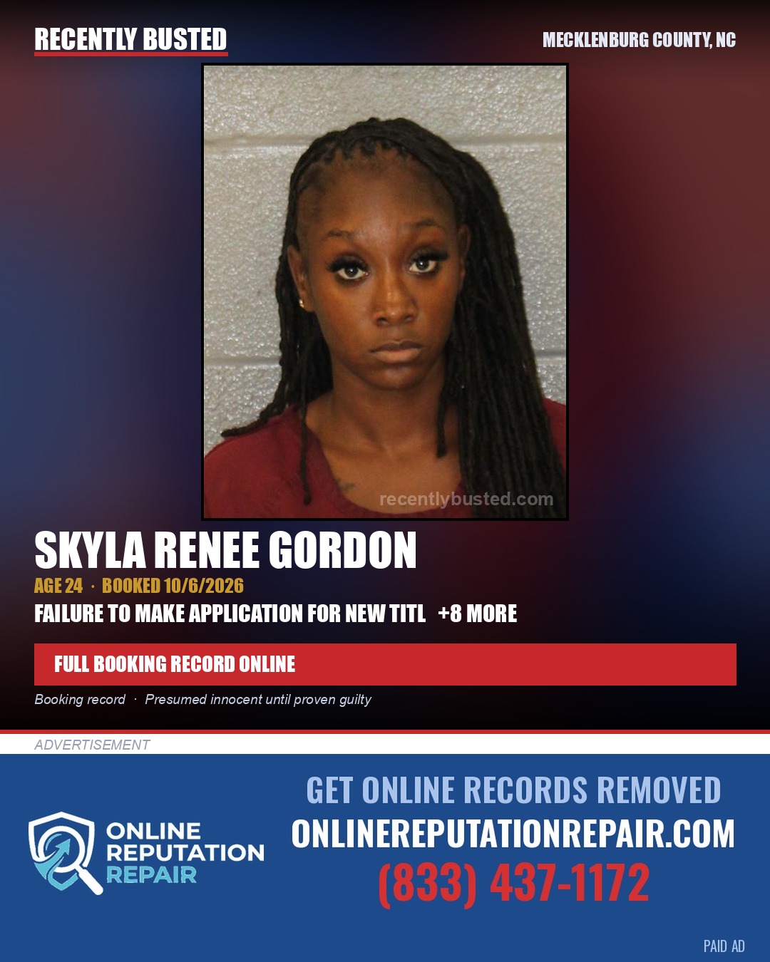 SKYLA RENEE GORDON — arrest record card, Mecklenburg County, North Carolina