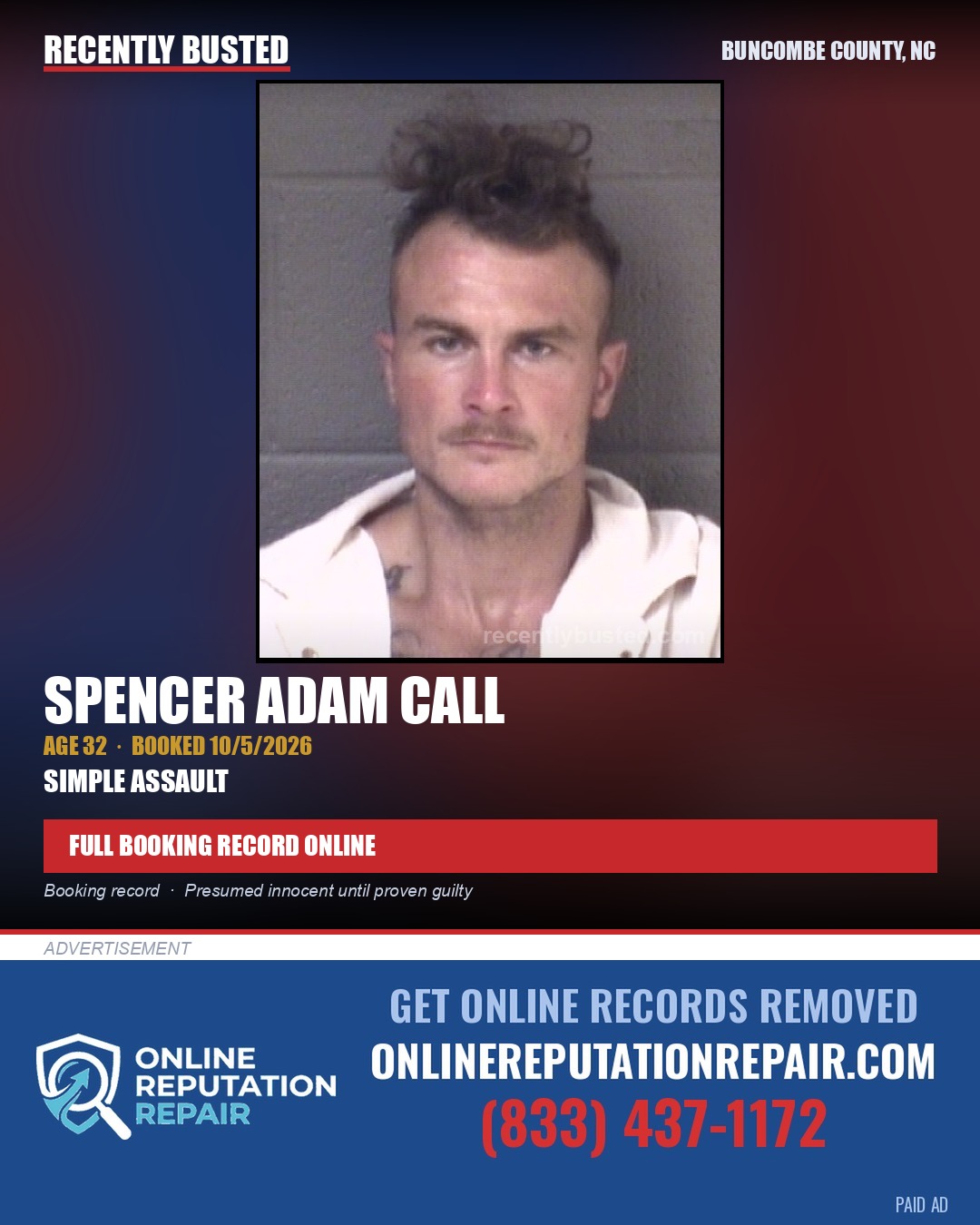 SPENCER ADAM CALL — arrest record card, Buncombe County, North Carolina