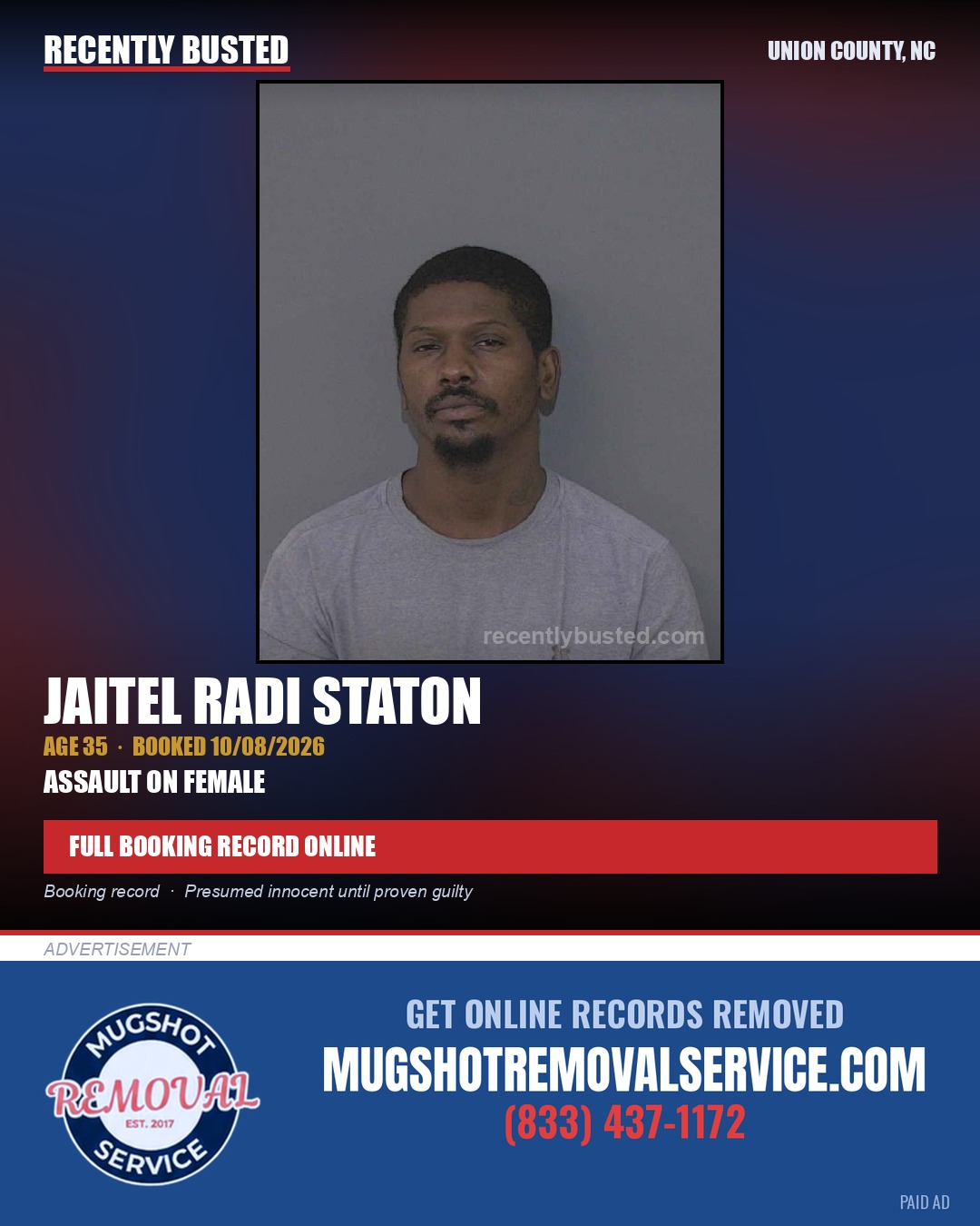 STATON, JAITEL RADI — arrest record card, Union County, North Carolina