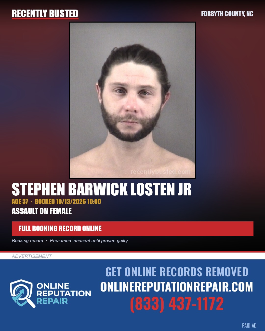 STEPHEN BARWICK LOSTEN JR — arrest record card, Forsyth County, North Carolina