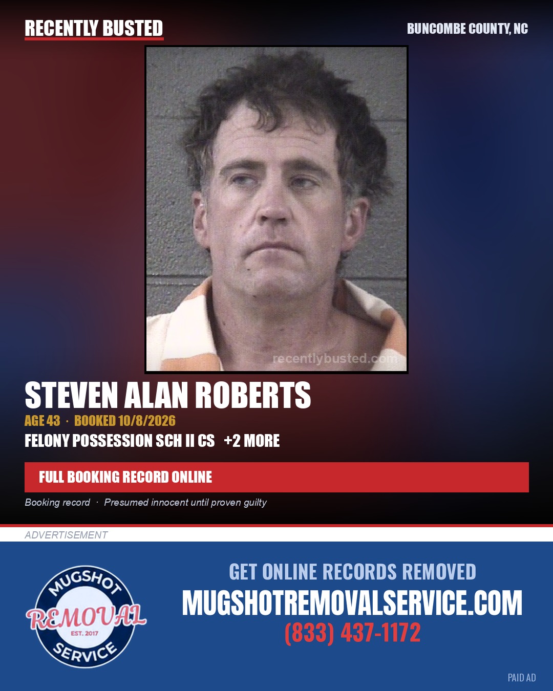 STEVEN ALAN ROBERTS — arrest record card, Buncombe County, North Carolina