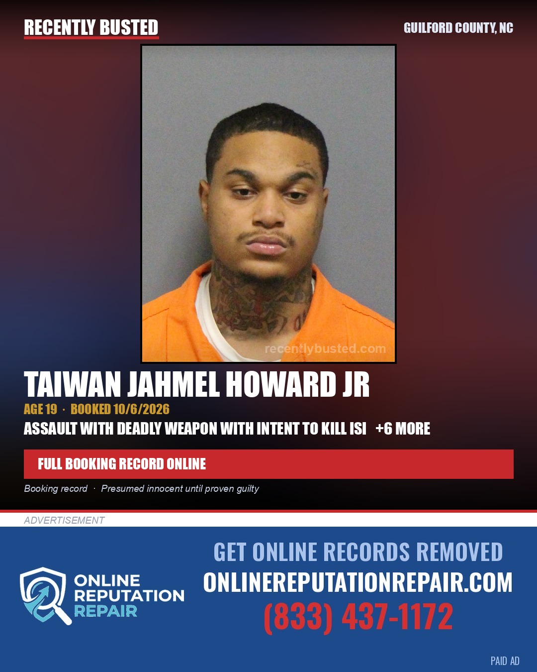 TAIWAN JAHMEL HOWARD JR — arrest record card, Guilford County, North Carolina