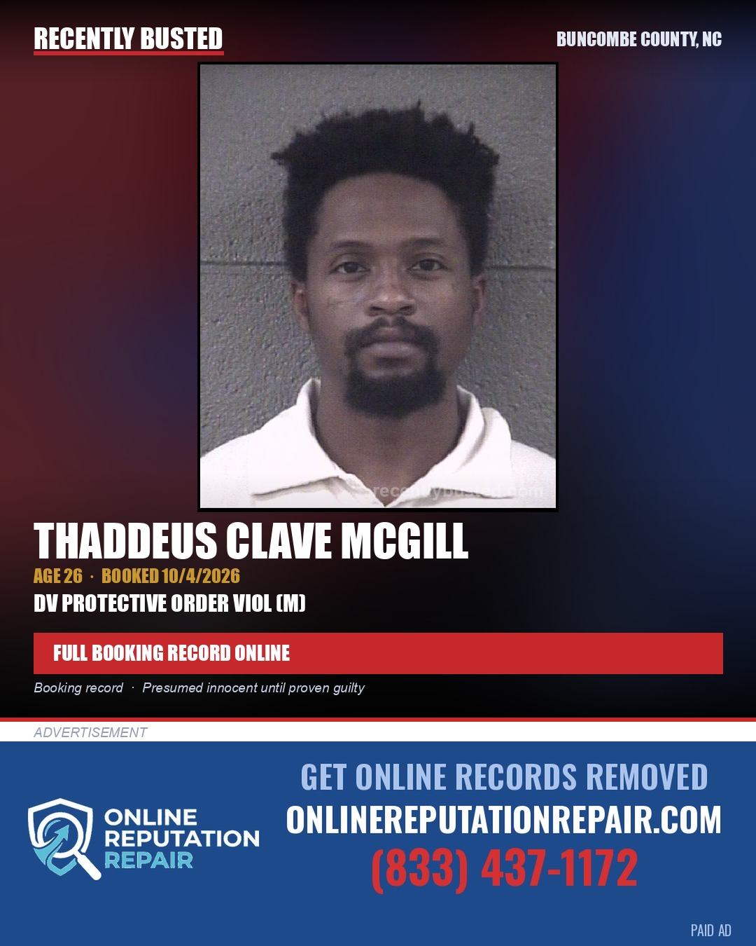THADDEUS CLAVE MCGILL — arrest record card, Buncombe County, North Carolina