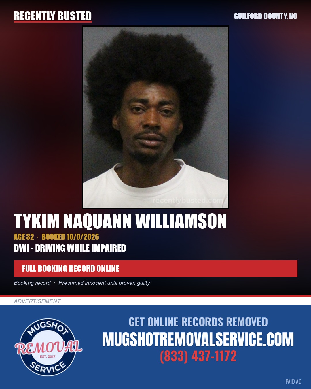 TYKIM NAQUANN WILLIAMSON — arrest record card, Guilford County, North Carolina